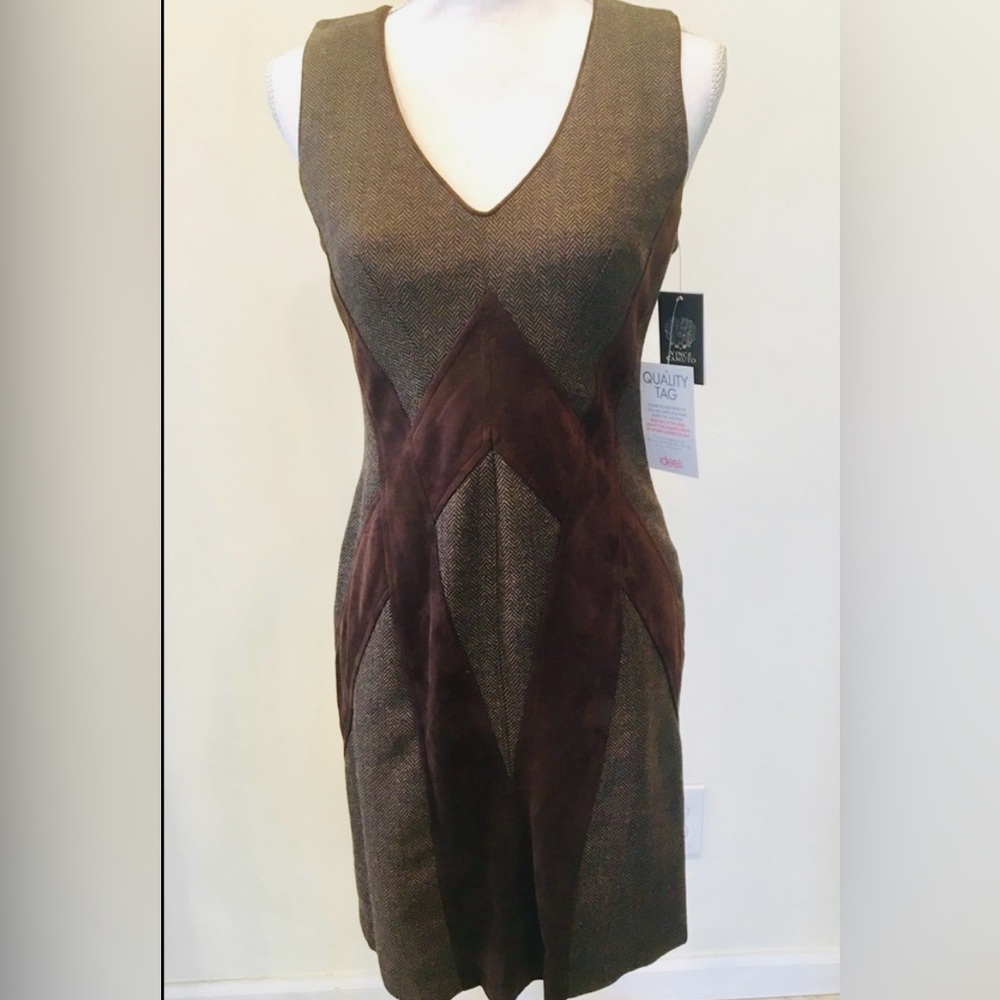 Vince Camuto herringbone brown dress with suede design NWT